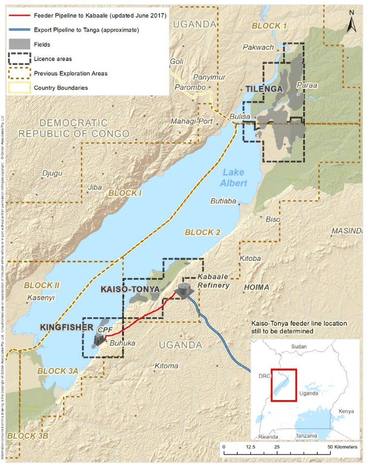 Location of the three government-designated oil license areas along Lake Albert and their