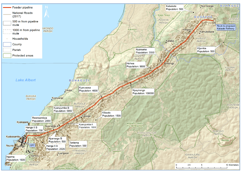 Location of villages and estimated village size along the feeder pipeline route